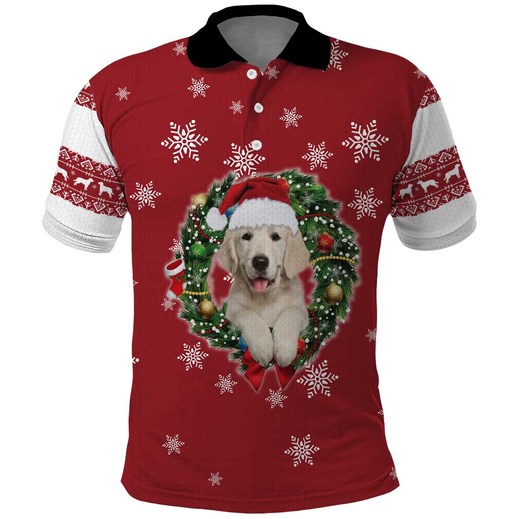 Golden Retriever Christmas Polo Shirt with Santa Hat Wreath and Snowflake Design - Wonder Print Shop