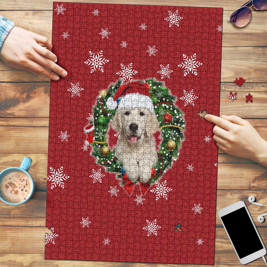 Golden Retriever Christmas Puzzle with Santa Hat Wreath and Snowflake Design - Wonder Print Shop