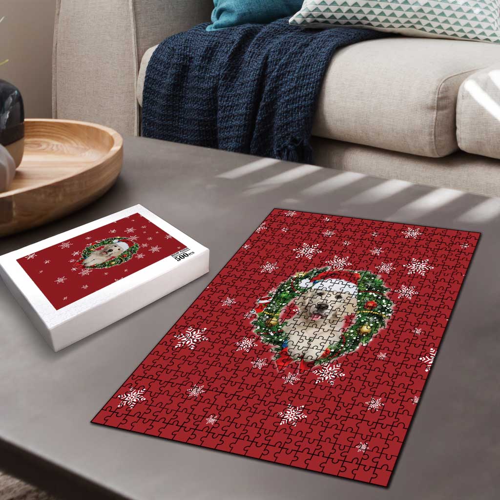 Golden Retriever Christmas Puzzle with Santa Hat Wreath and Snowflake Design - Wonder Print Shop