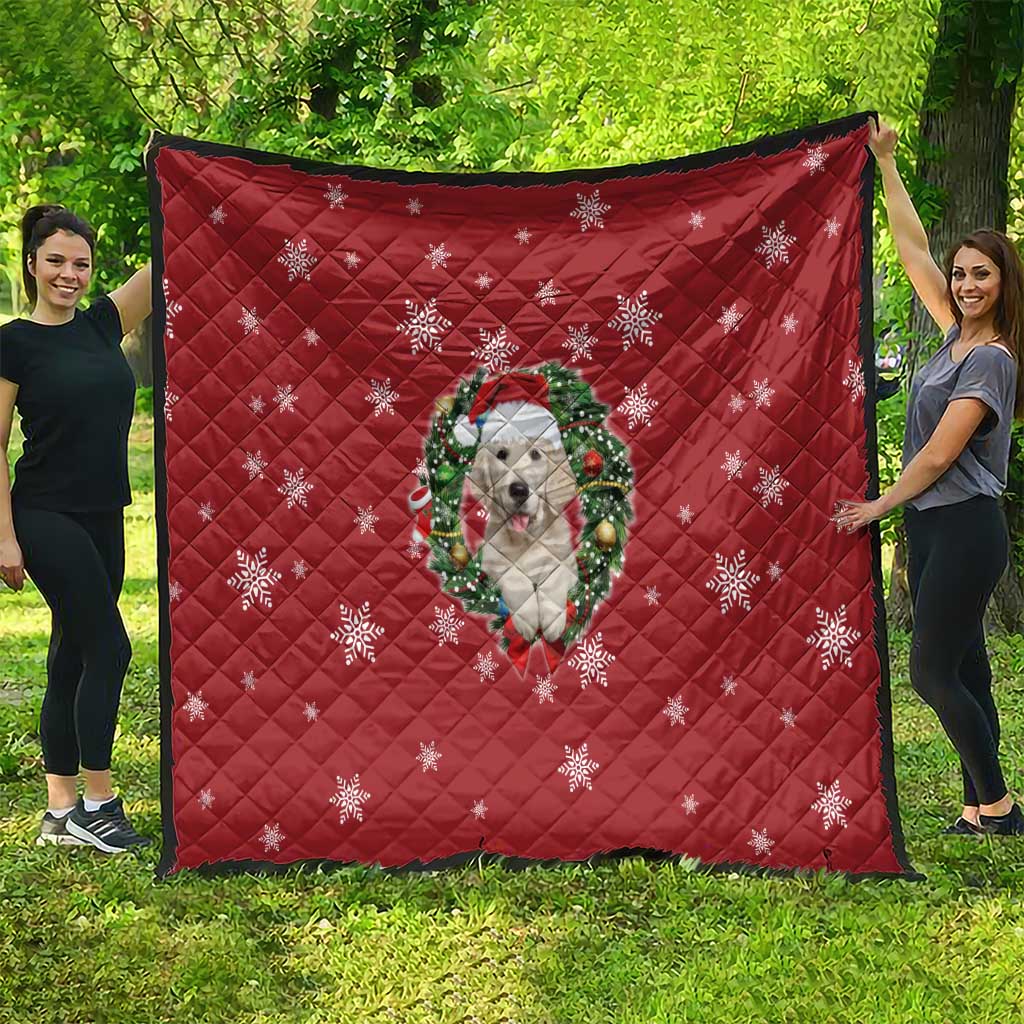 Golden Retriever Christmas Quilt with Santa Hat Wreath and Snowflake Design - Wonder Print Shop