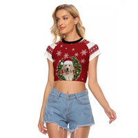 Golden Retriever Christmas Raglan Cropped T Shirt with Santa Hat Wreath and Snowflake Design - Wonder Print Shop