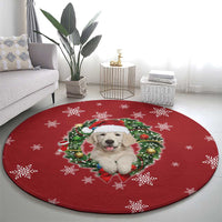 Golden Retriever Christmas Round Carpet with Santa Hat Wreath and Snowflake Design - Wonder Print Shop