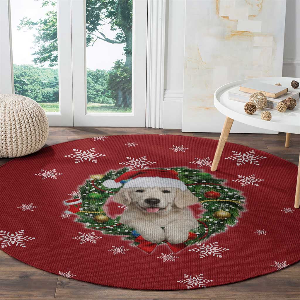 Golden Retriever Christmas Round Carpet with Santa Hat Wreath and Snowflake Design - Wonder Print Shop