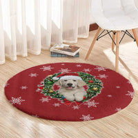 Golden Retriever Christmas Round Carpet with Santa Hat Wreath and Snowflake Design - Wonder Print Shop