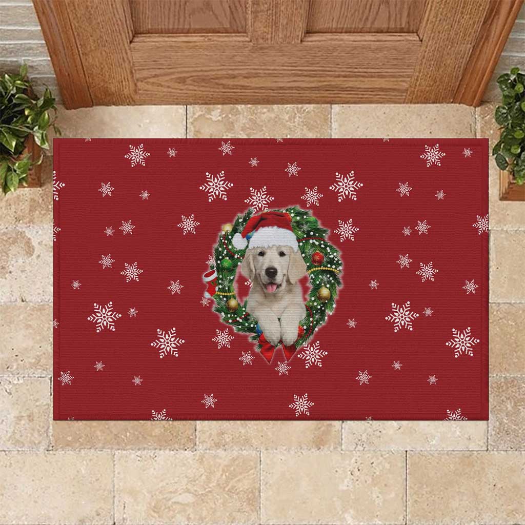 Golden Retriever Christmas Rubber Doormat with Santa Hat Wreath and Snowflake Design - Wonder Print Shop