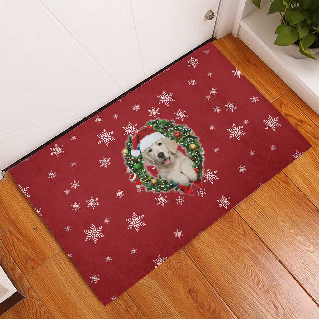 Golden Retriever Christmas Rubber Doormat with Santa Hat Wreath and Snowflake Design - Wonder Print Shop