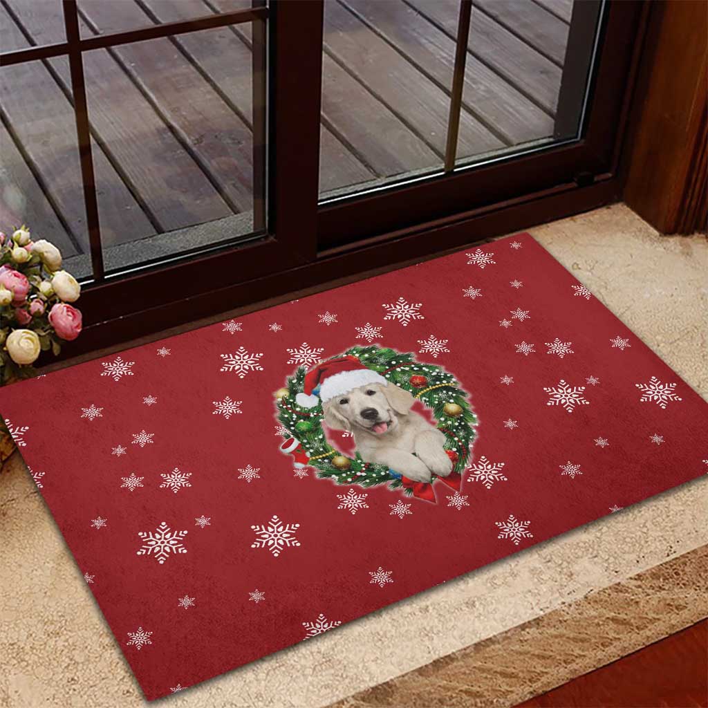 Golden Retriever Christmas Rubber Doormat with Santa Hat Wreath and Snowflake Design - Wonder Print Shop