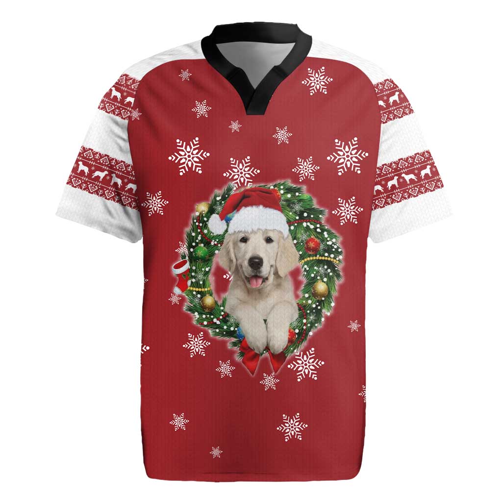 Golden Retriever Christmas Rugby Jersey with Santa Hat Wreath and Snowflake Design - Wonder Print Shop