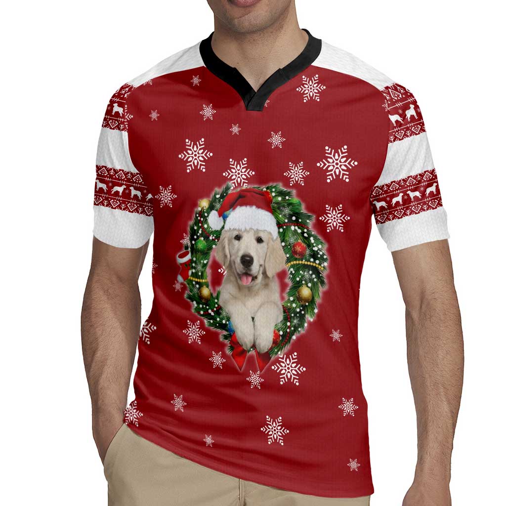 Golden Retriever Christmas Rugby Jersey with Santa Hat Wreath and Snowflake Design - Wonder Print Shop