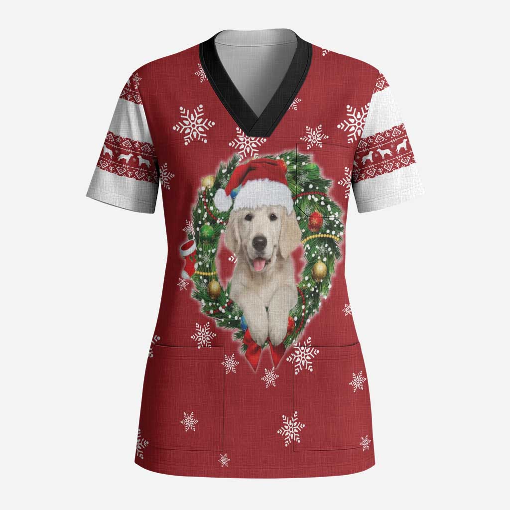 Golden Retriever Christmas Scrub Top with Santa Hat Wreath and Snowflake Design - Wonder Print Shop