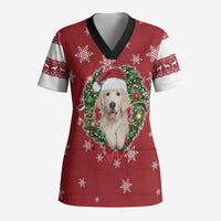 Golden Retriever Christmas Scrub Top with Santa Hat Wreath and Snowflake Design - Wonder Print Shop
