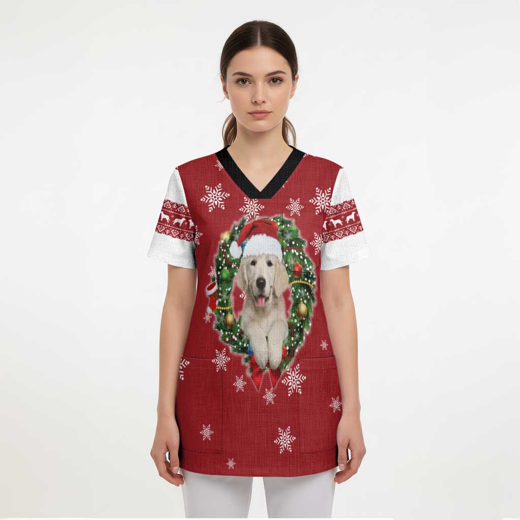Golden Retriever Christmas Scrub Top with Santa Hat Wreath and Snowflake Design - Wonder Print Shop