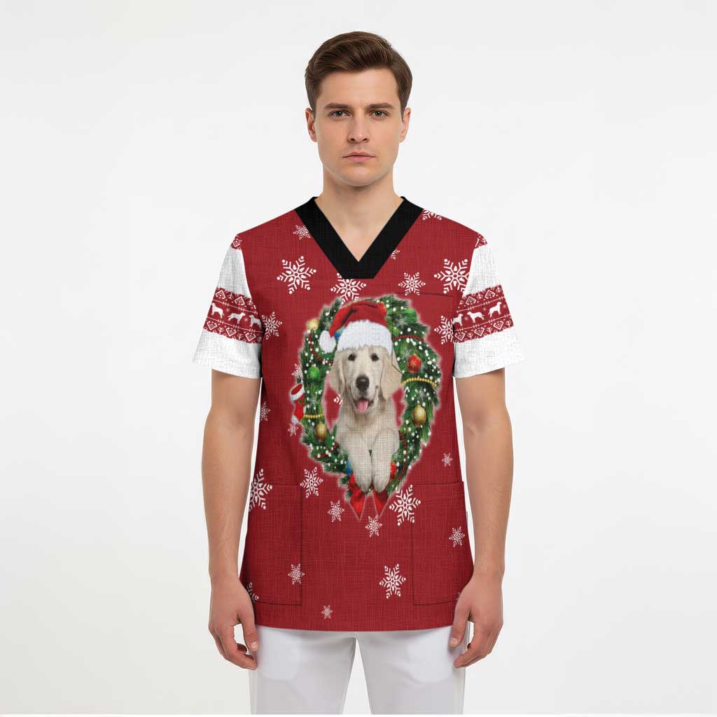 Golden Retriever Christmas Scrub Top with Santa Hat Wreath and Snowflake Design - Wonder Print Shop