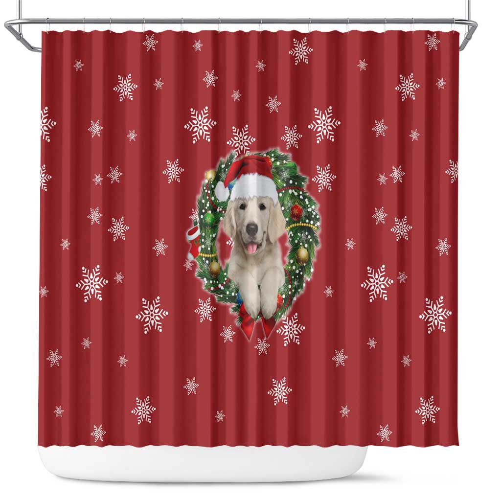 Golden Retriever Christmas Shower Curtain with Santa Hat Wreath and Snowflake Design - Wonder Print Shop