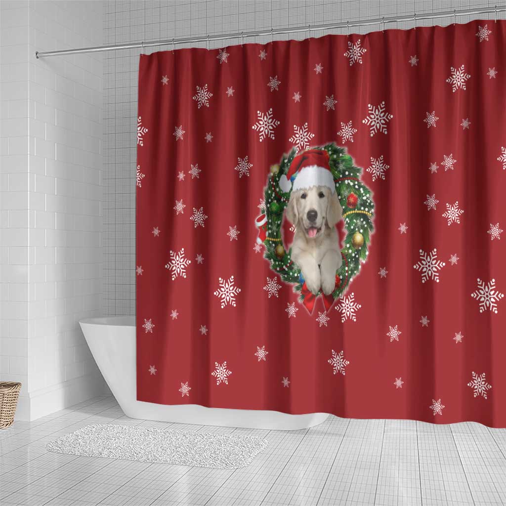 Golden Retriever Christmas Shower Curtain with Santa Hat Wreath and Snowflake Design - Wonder Print Shop