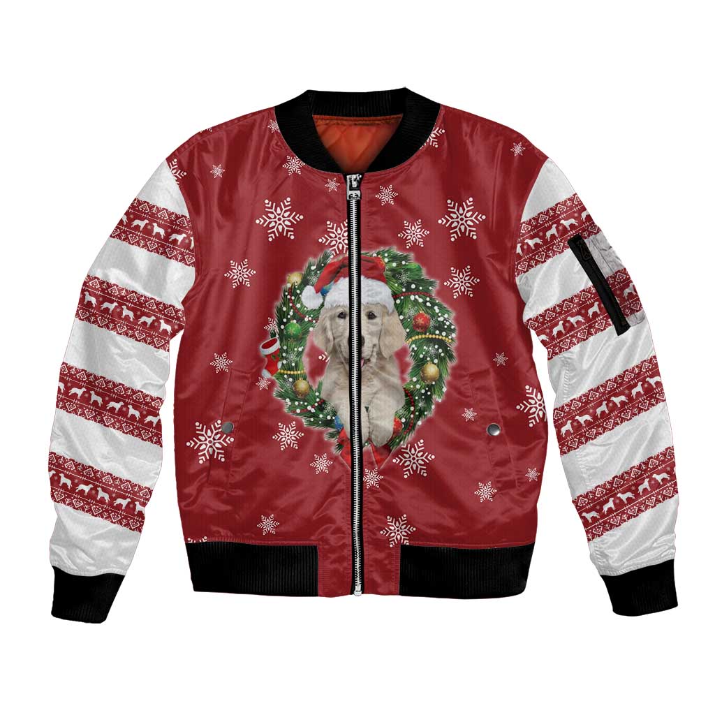 Golden Retriever Christmas Sleeve Zip Bomber Jacket with Santa Hat Wreath and Snowflake Design - Wonder Print Shop