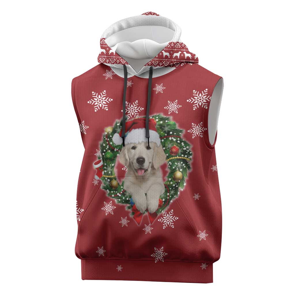Golden Retriever Christmas Sleeveless Hoodie with Santa Hat Wreath and Snowflake Design - Wonder Print Shop