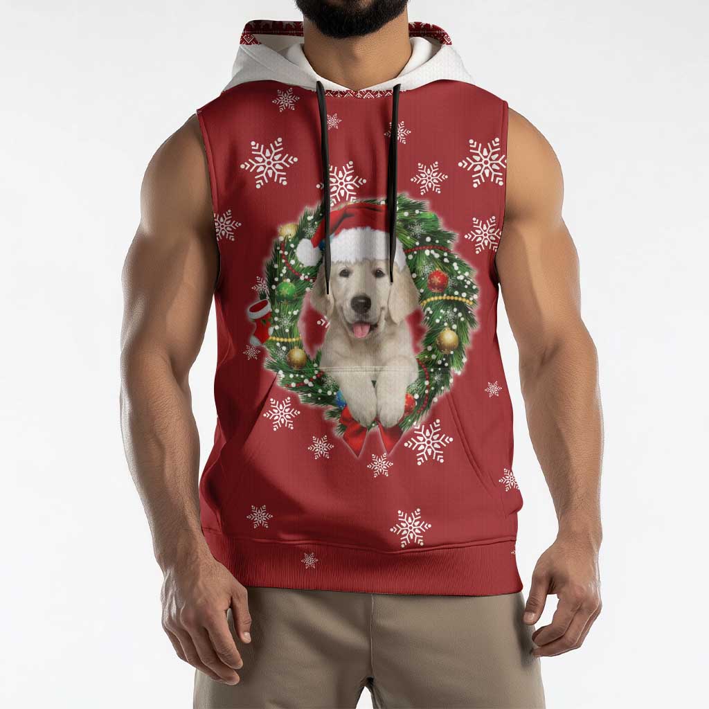 Golden Retriever Christmas Sleeveless Hoodie with Santa Hat Wreath and Snowflake Design - Wonder Print Shop