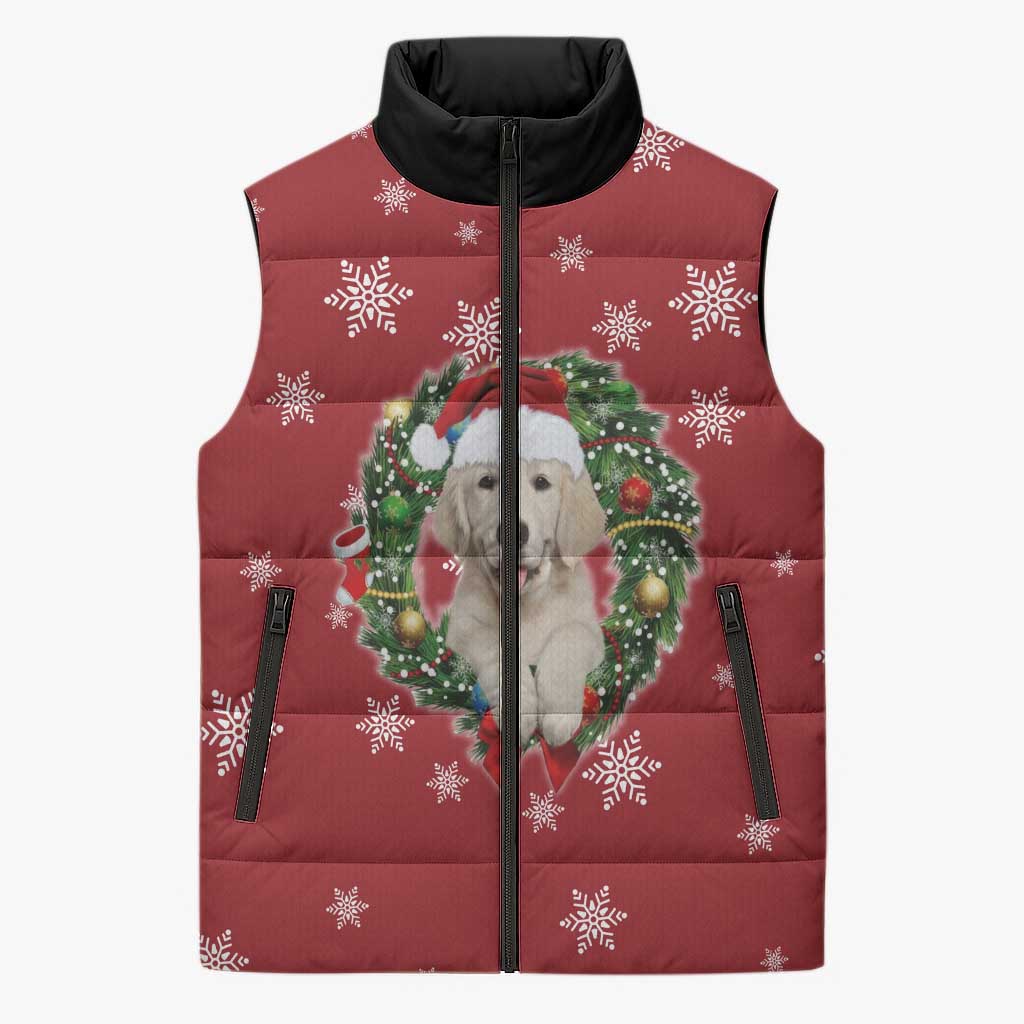 Golden Retriever Christmas Sleeveless Puffer Jacket with Santa Hat Wreath and Snowflake Design - Wonder Print Shop