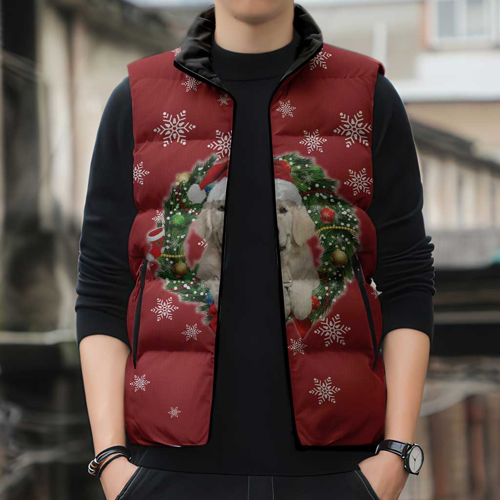 Golden Retriever Christmas Sleeveless Puffer Jacket with Santa Hat Wreath and Snowflake Design - Wonder Print Shop