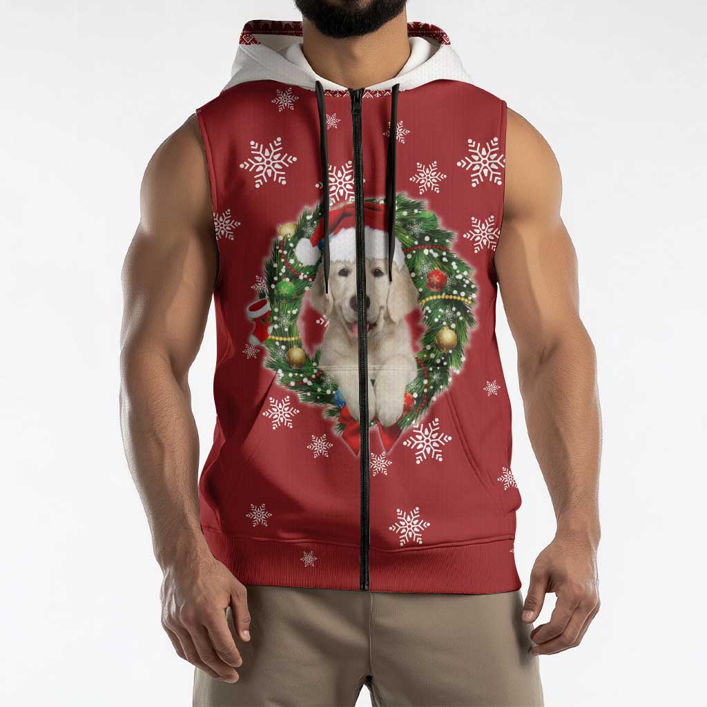 Golden Retriever Christmas Sleeveless Zip Hoodie with Santa Hat Wreath and Snowflake Design - Wonder Print Shop