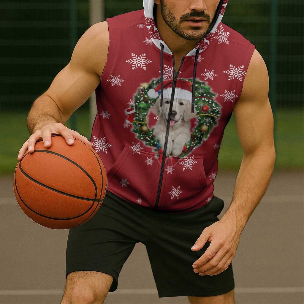 Golden Retriever Christmas Sleeveless Zip Hoodie with Santa Hat Wreath and Snowflake Design - Wonder Print Shop