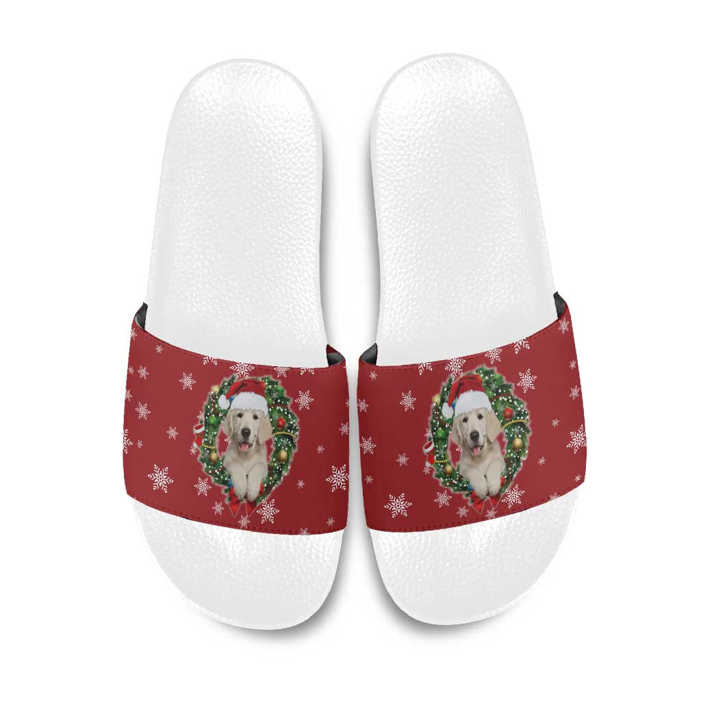 Golden Retriever Christmas Slide Sandals with Santa Hat Wreath and Snowflake Design - Wonder Print Shop