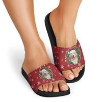 Golden Retriever Christmas Slide Sandals with Santa Hat Wreath and Snowflake Design - Wonder Print Shop