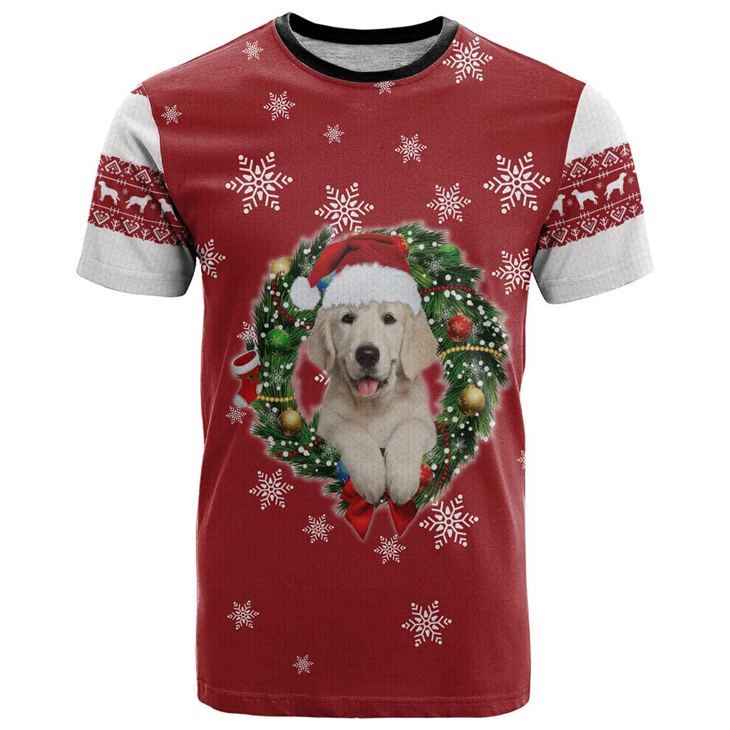 Golden Retriever Christmas T Shirt with Santa Hat Wreath and Snowflake Design - Wonder Print Shop