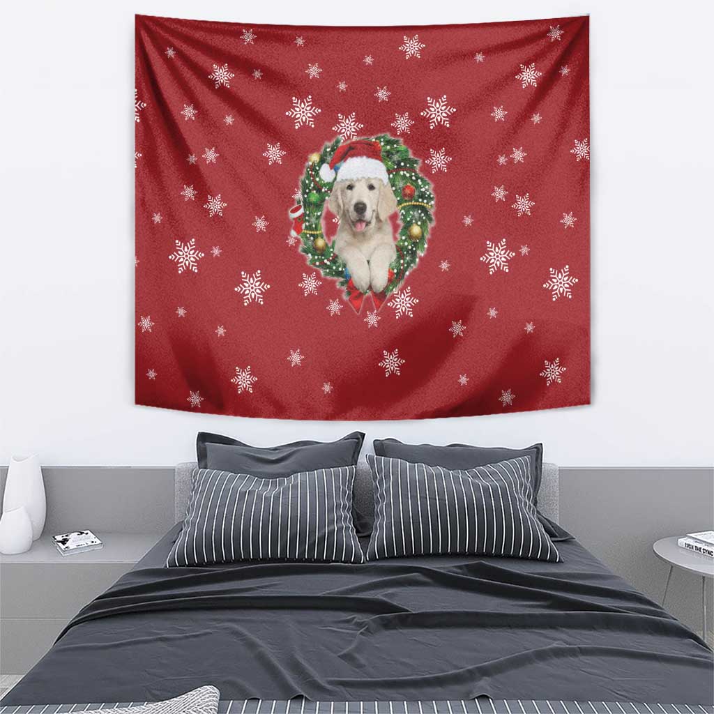 Golden Retriever Christmas Tapestry with Santa Hat Wreath and Snowflake Design - Wonder Print Shop