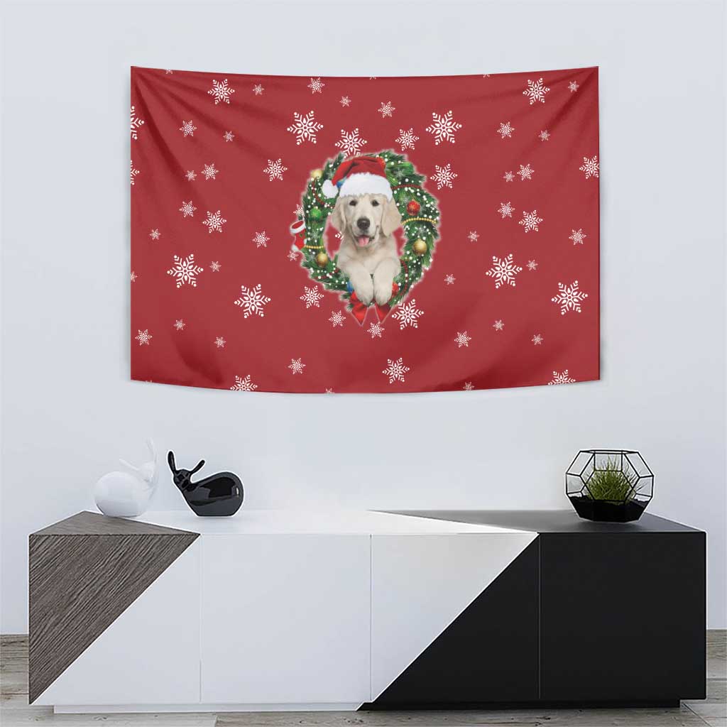Golden Retriever Christmas Tapestry with Santa Hat Wreath and Snowflake Design - Wonder Print Shop