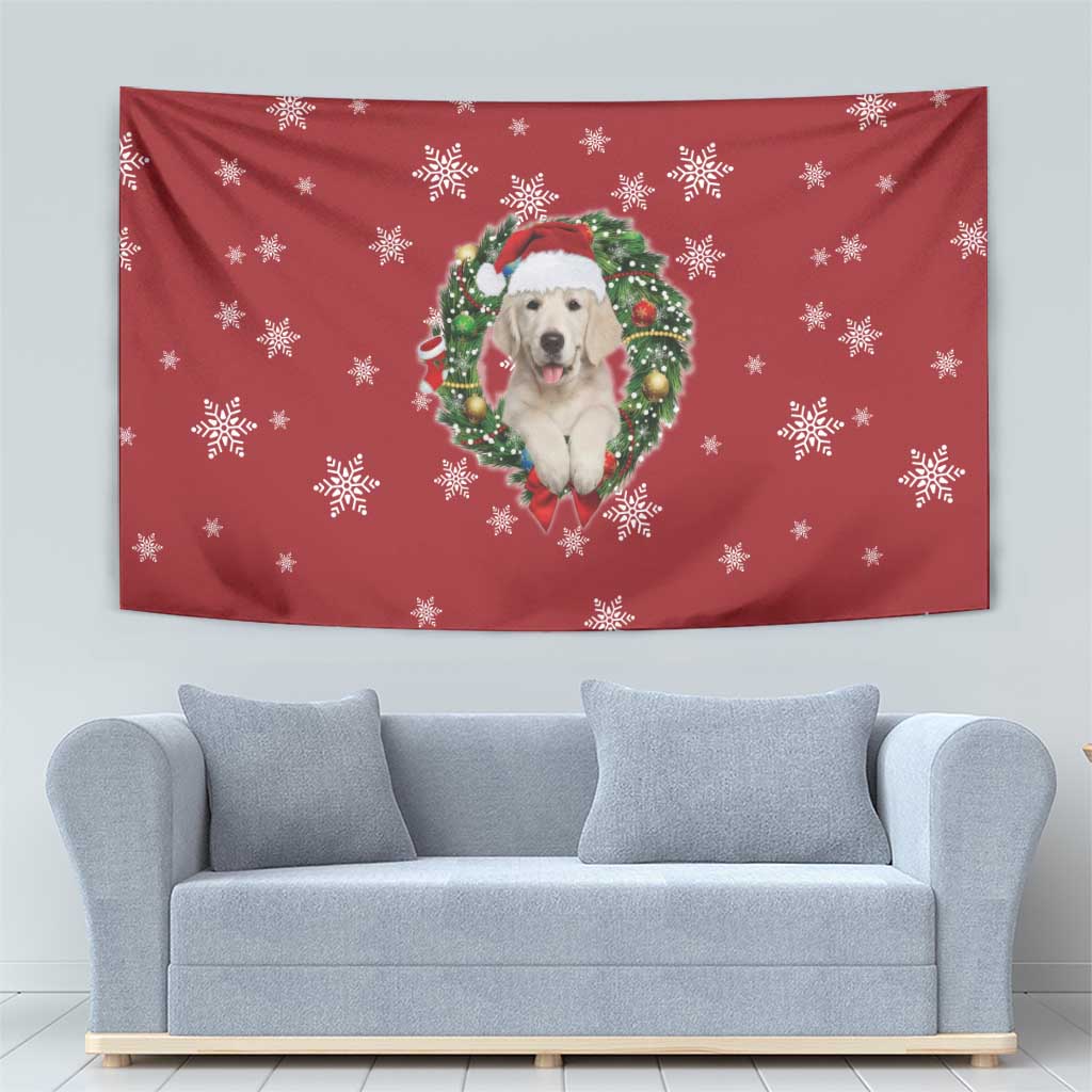 Golden Retriever Christmas Tapestry with Santa Hat Wreath and Snowflake Design - Wonder Print Shop