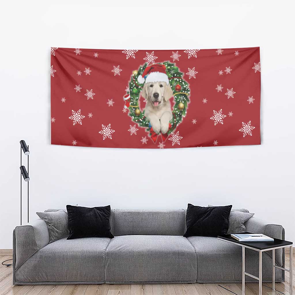 Golden Retriever Christmas Tapestry with Santa Hat Wreath and Snowflake Design - Wonder Print Shop
