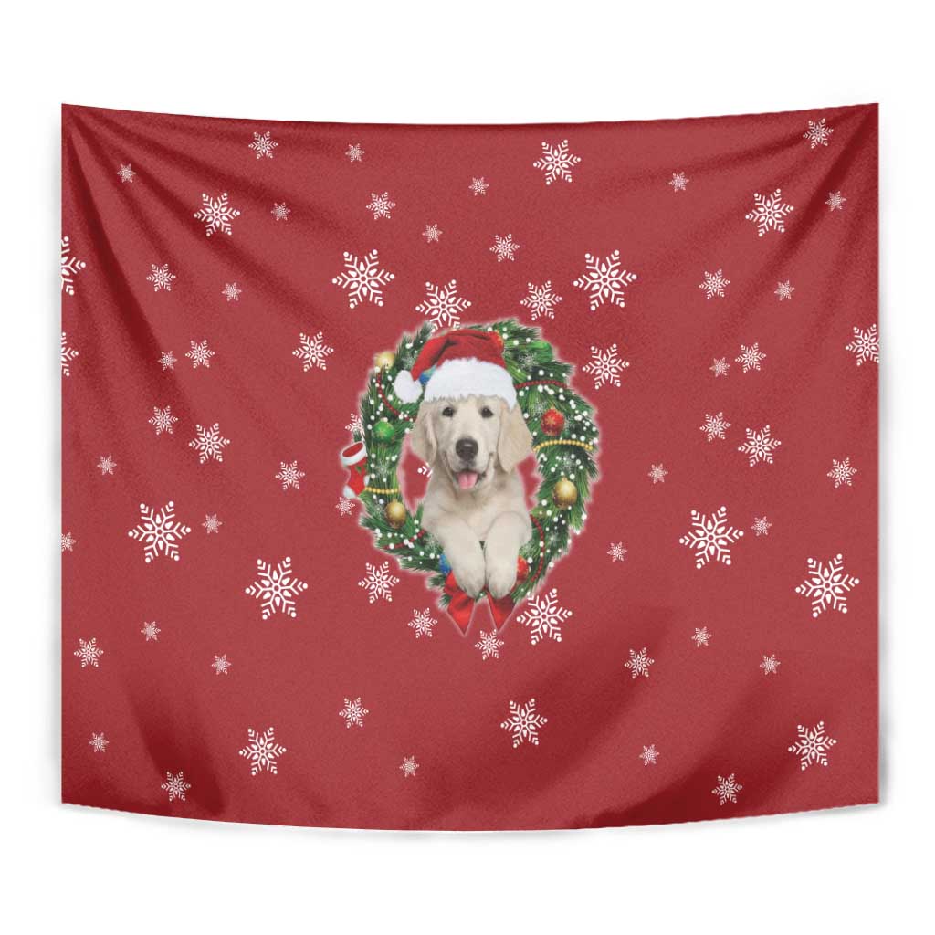 Golden Retriever Christmas Tapestry with Santa Hat Wreath and Snowflake Design - Wonder Print Shop