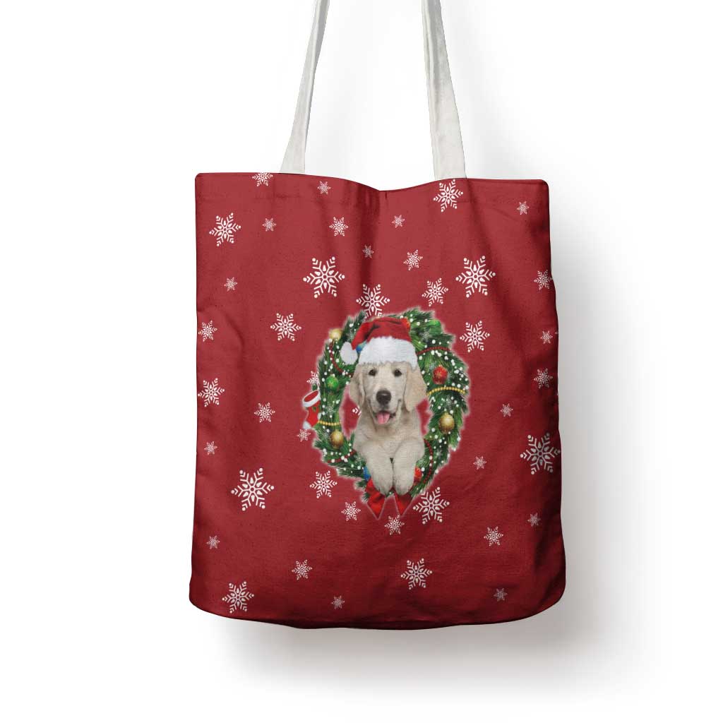 Golden Retriever Christmas Tote Bag with Santa Hat Wreath and Snowflake Design - Wonder Print Shop