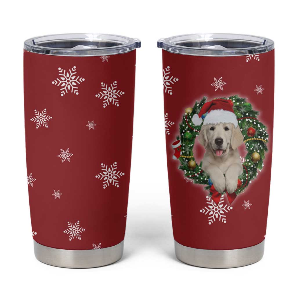 Golden Retriever Christmas Tumbler Cup with Santa Hat Wreath and Snowflake Design - Wonder Print Shop