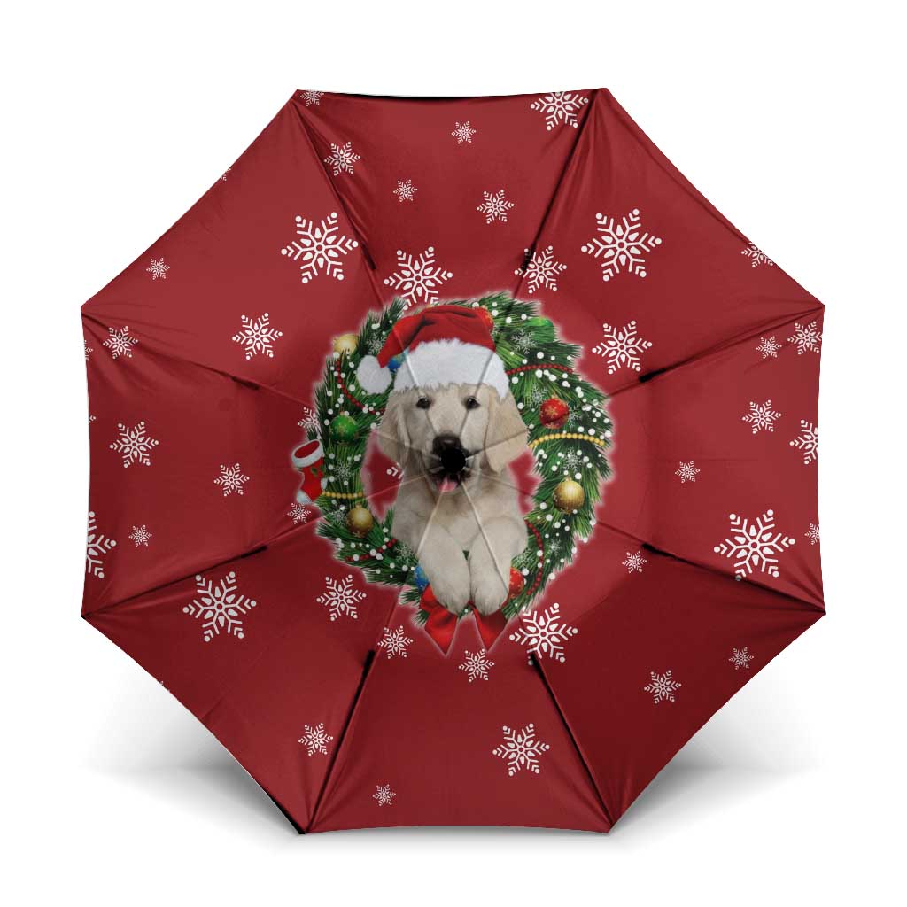 Golden Retriever Christmas Umbrella with Santa Hat Wreath and Snowflake Design - Wonder Print Shop