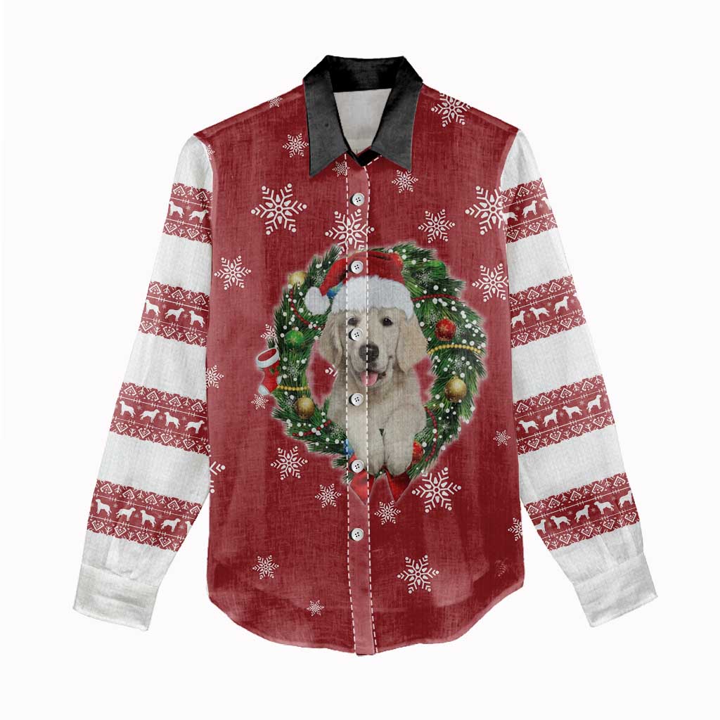 Golden Retriever Christmas Women Casual Shirt with Santa Hat Wreath and Snowflake Design - Wonder Print Shop