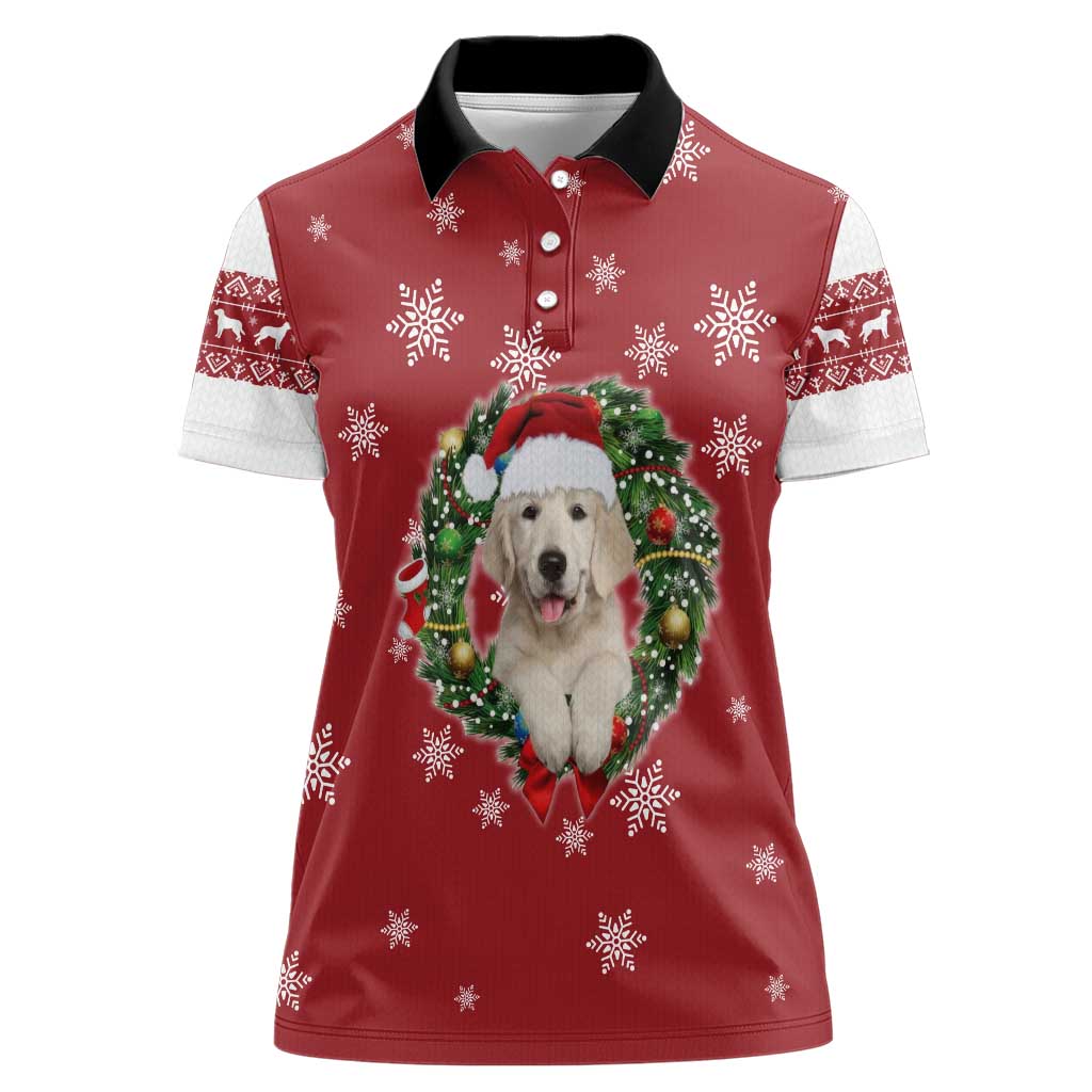 Golden Retriever Christmas Women Polo Shirt with Santa Hat Wreath and Snowflake Design - Wonder Print Shop