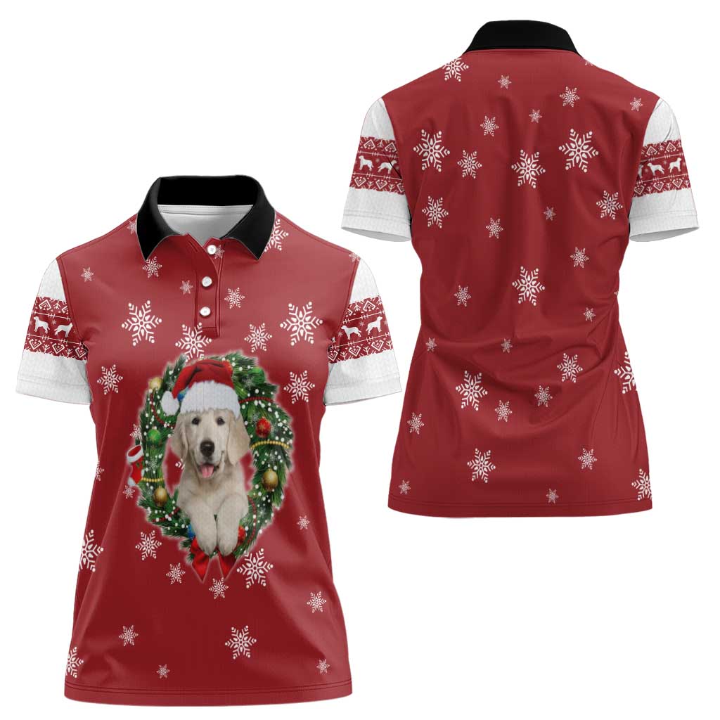 Golden Retriever Christmas Women Polo Shirt with Santa Hat Wreath and Snowflake Design - Wonder Print Shop