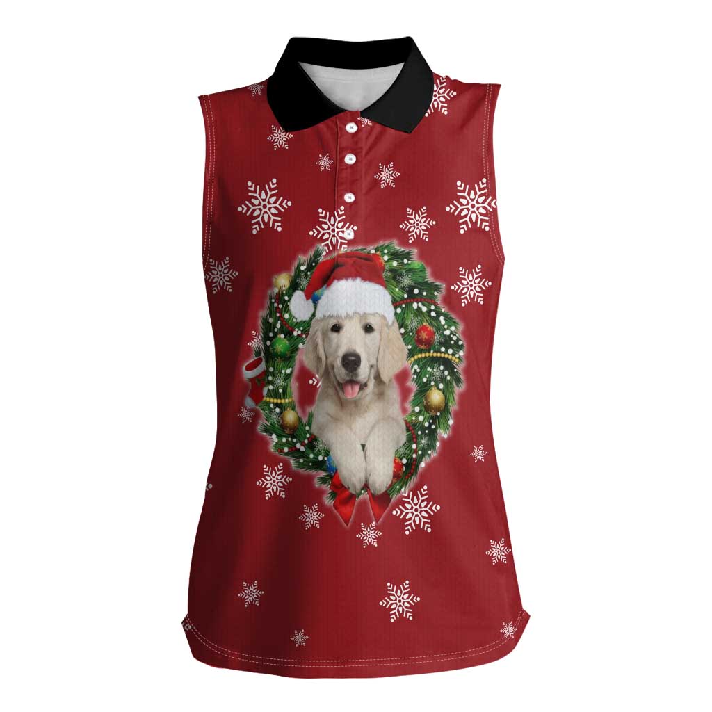 Golden Retriever Christmas Women Sleeveless Polo Shirt with Santa Hat Wreath and Snowflake Design - Wonder Print Shop