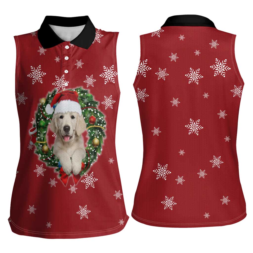 Golden Retriever Christmas Women Sleeveless Polo Shirt with Santa Hat Wreath and Snowflake Design - Wonder Print Shop
