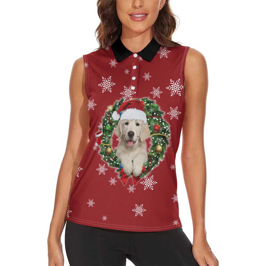 Golden Retriever Christmas Women Sleeveless Polo Shirt with Santa Hat Wreath and Snowflake Design - Wonder Print Shop