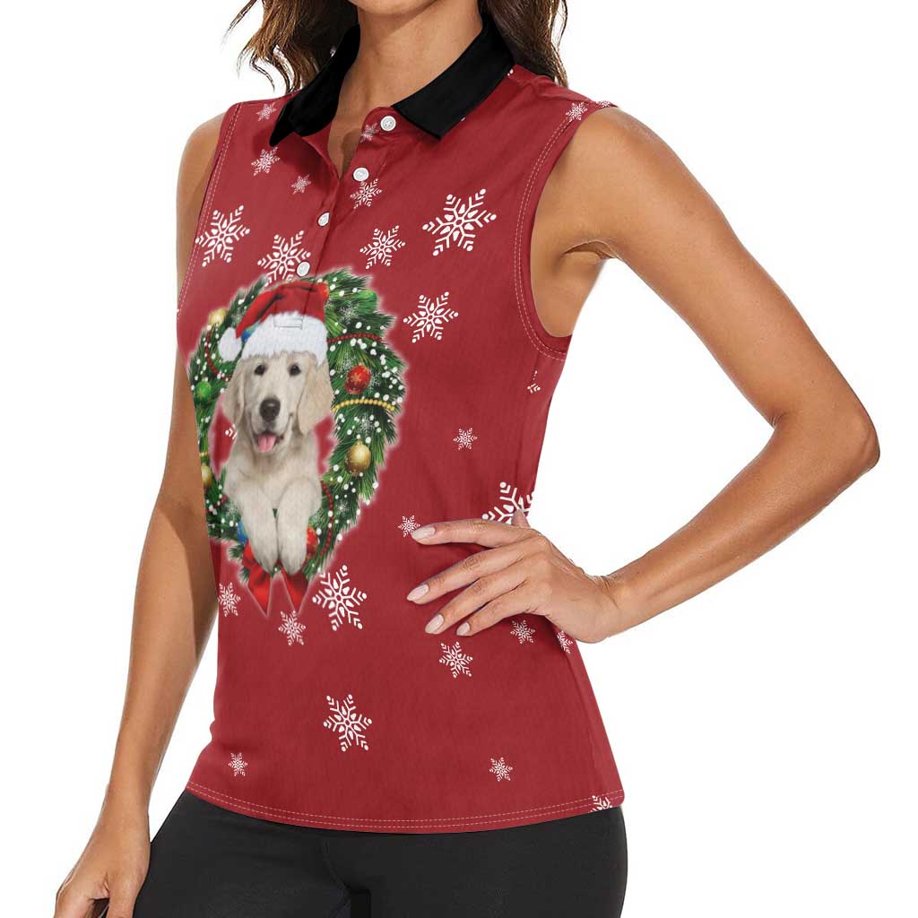 Golden Retriever Christmas Women Sleeveless Polo Shirt with Santa Hat Wreath and Snowflake Design - Wonder Print Shop