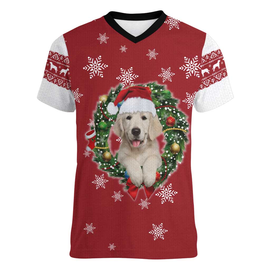 Golden Retriever Christmas Women V-Neck T-Shirt with Santa Hat Wreath and Snowflake Design - Wonder Print Shop