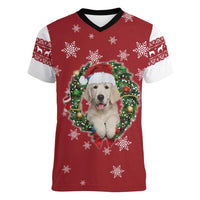 Golden Retriever Christmas Women V-Neck T-Shirt with Santa Hat Wreath and Snowflake Design - Wonder Print Shop
