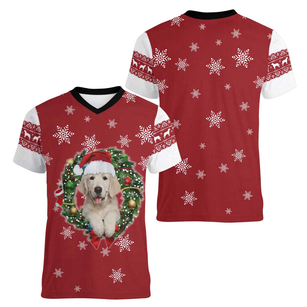 Golden Retriever Christmas Women V-Neck T-Shirt with Santa Hat Wreath and Snowflake Design - Wonder Print Shop