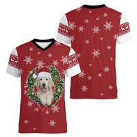 Golden Retriever Christmas Women V-Neck T-Shirt with Santa Hat Wreath and Snowflake Design - Wonder Print Shop
