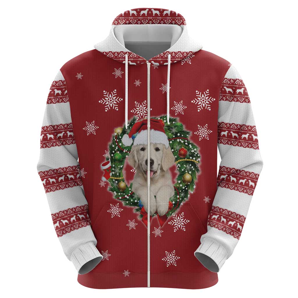 Golden Retriever Christmas Zip Hoodie with Santa Hat Wreath and Snowflake Design - Wonder Print Shop