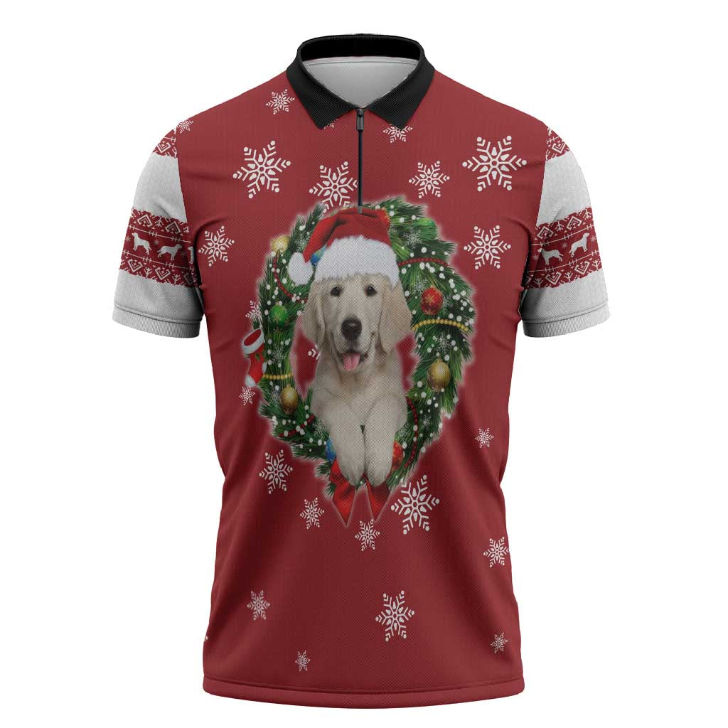 Golden Retriever Christmas Zipper Polo Shirt with Santa Hat Wreath and Snowflake Design - Wonder Print Shop
